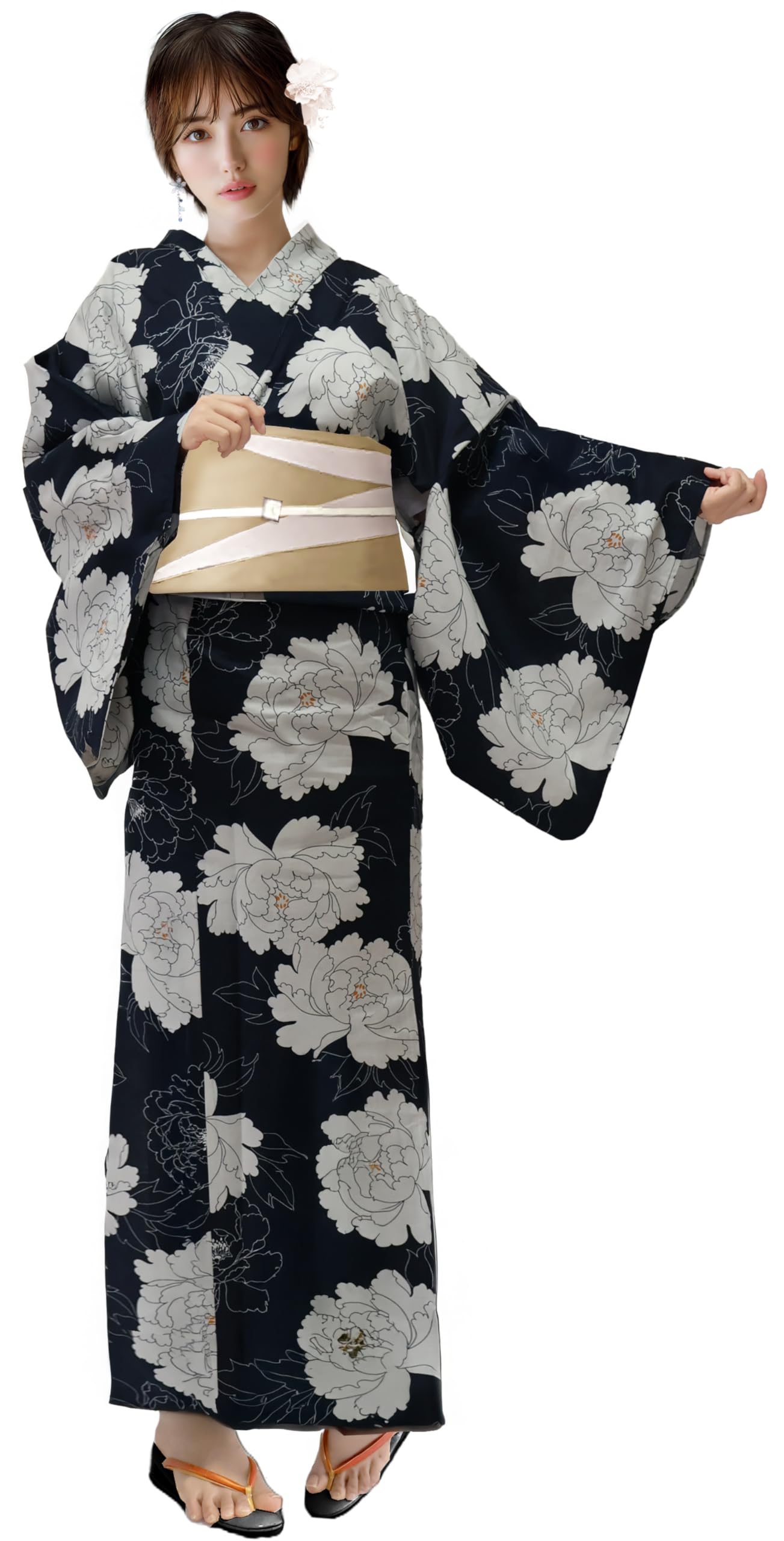 

Комплект юката Aletta domani с классическим фестивалем фейерверков Yoizumi Botan, доступный в цвете слоновой кости, женский, из двух частей, с половинным оби, двусторонний, 100% хлопок,