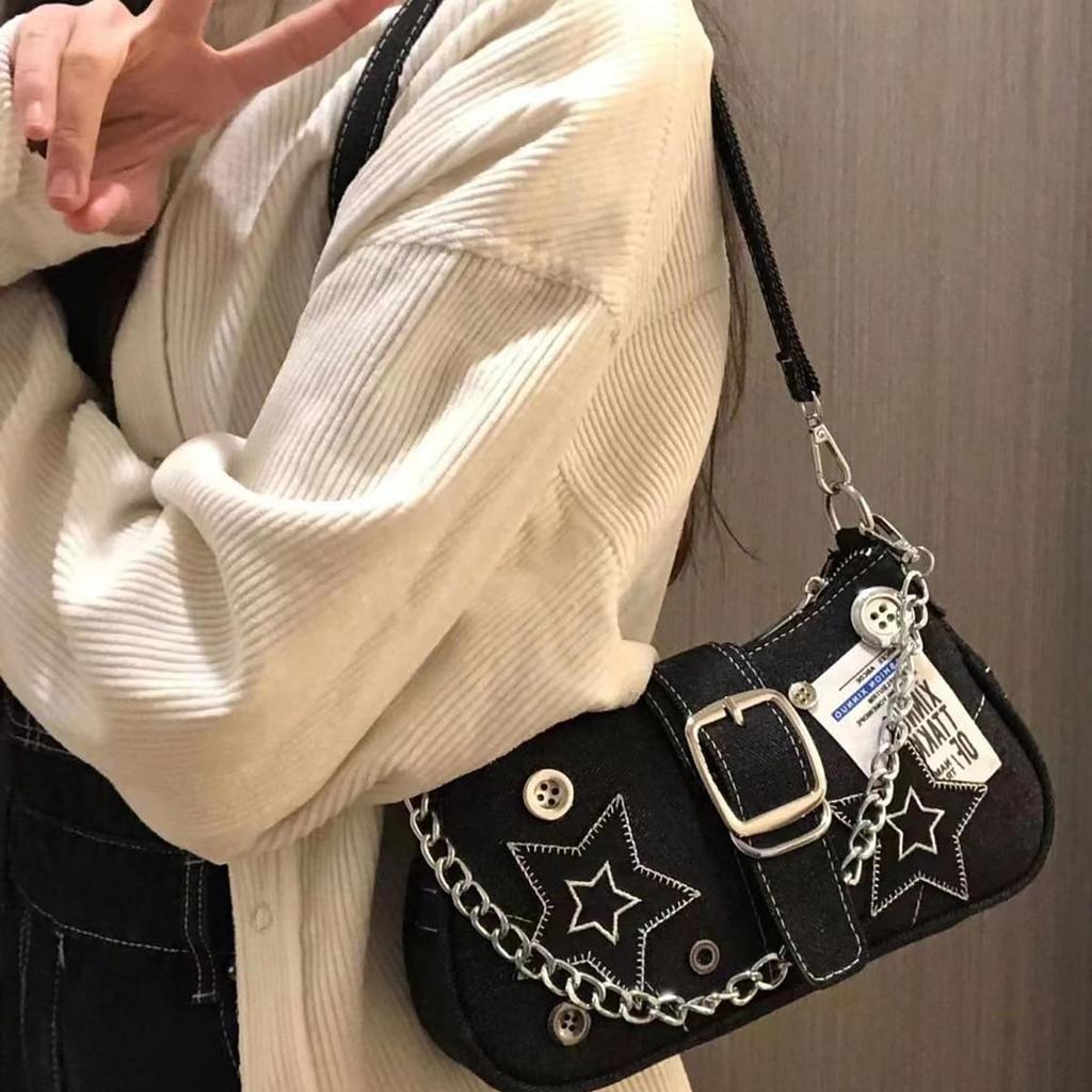 2024 Trendy Star Denim Underarm Retro American Poster Chain Shoulder Bag