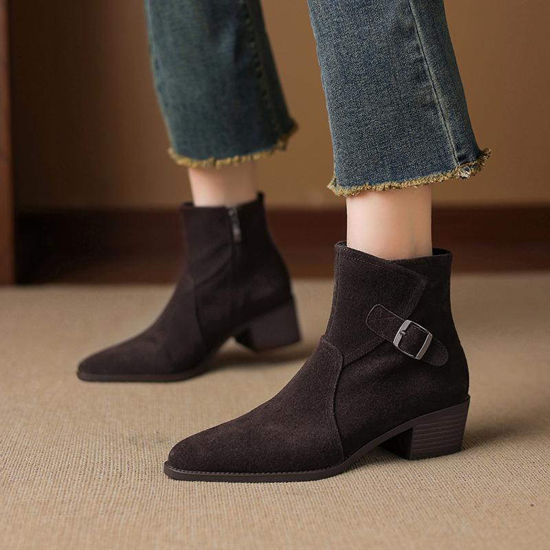 Fashion 2025 NEW Autumn Women Boots Cow Suede Leather Women Shoes Pointed Toe Ankle Boots Chunky Heel Western Modern Chelsea Boots