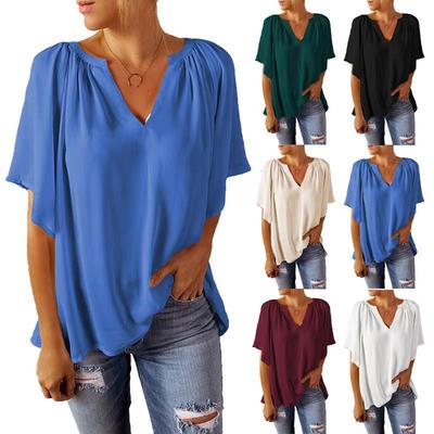 Camiseta Feminina Casual de Chiffon Solta com Decote em V - Verão Europeu & Americano 2025