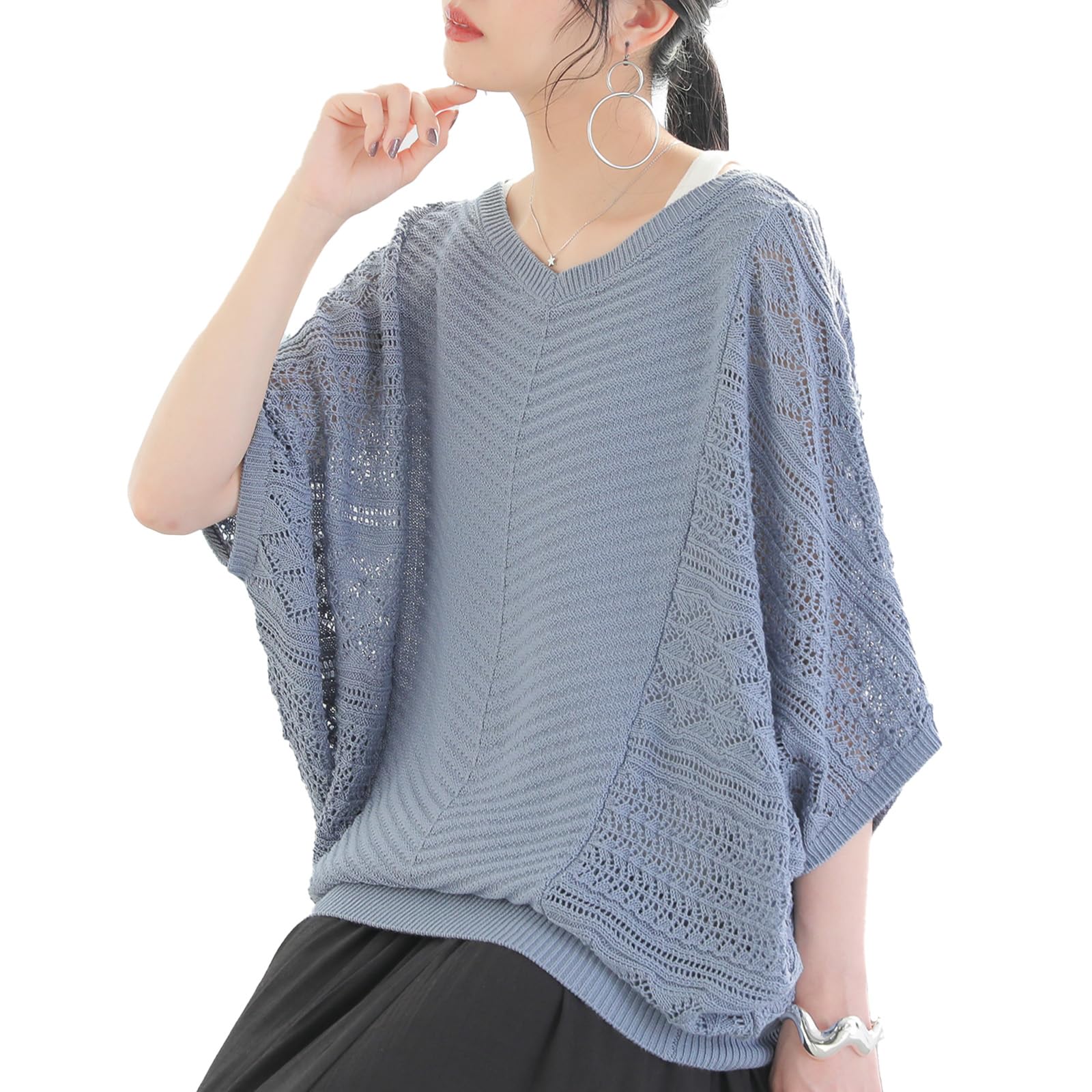 

Oshare Walker Ажурный Долман Летний Трикотаж Короткий Натуральный Долман Большие Размеры Свободный Прохладный Круглый вырез tfn0227 n OrLABEL [Двусторонний Трикотаж] Женский Топ, Весна/Лето,