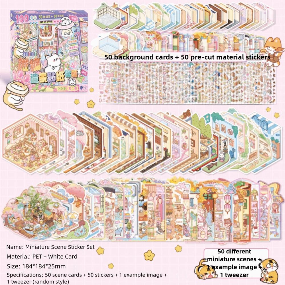 50 in 1 Miniature Scene Landscape Stickers DIY PET 3D House Stickers Scene Collection Visual Stacking Cartoon