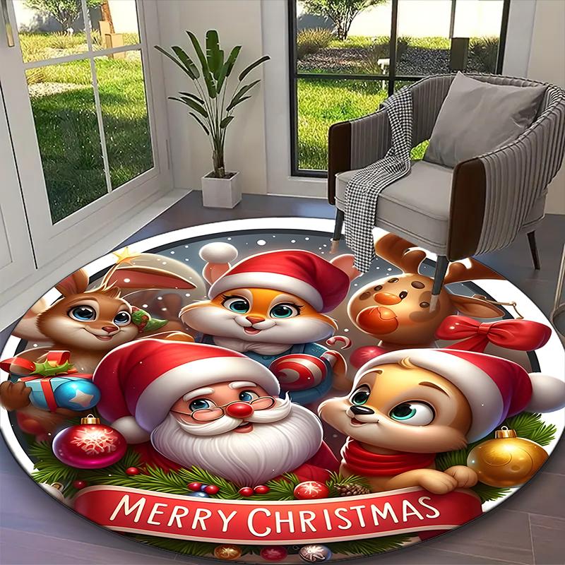 [Merry Christmas Printed Carpet] Non-slip Office Rug, Cozy Round Carprt for Living Room Use, Soft Home Sofa Chair Mat