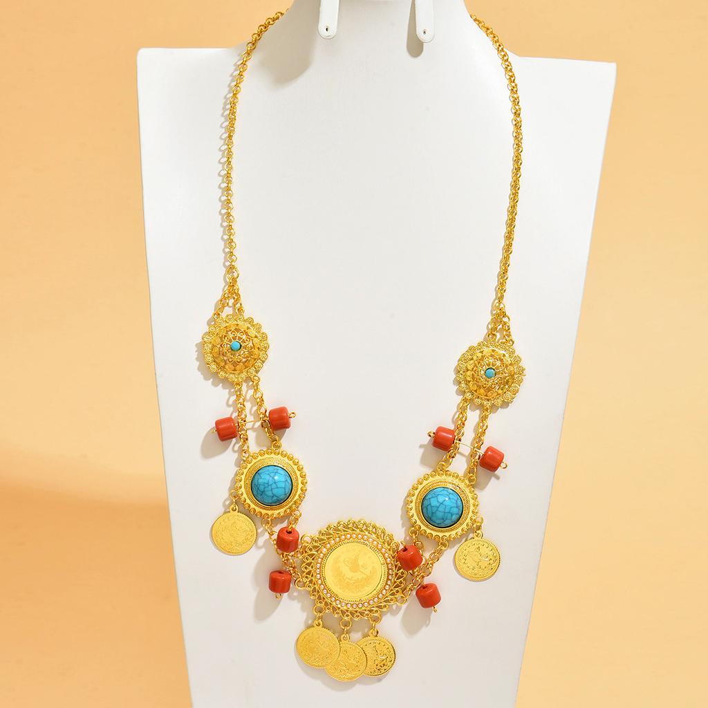 Retro Ethnic Style Metal Hollow Pendant With Colorful Matching Necklace For Celebrating Festivals And Events To Wear
