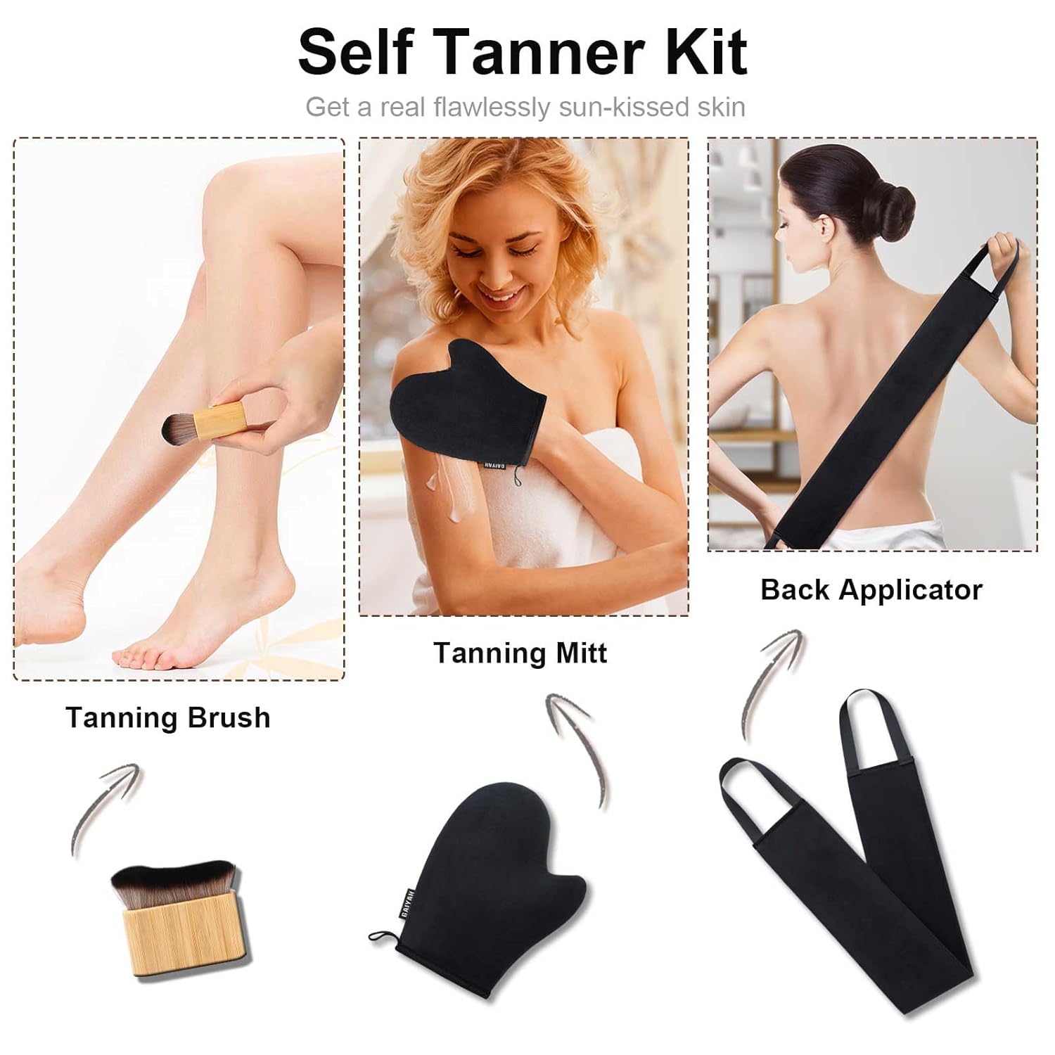3 in 1 Self Tanning Mitts Self Tanner Mitt Applicator Kit - Tanning Glove for Self Tan Mitt, Tanning Brush for Self Tan Brush Back Tanning Applicator