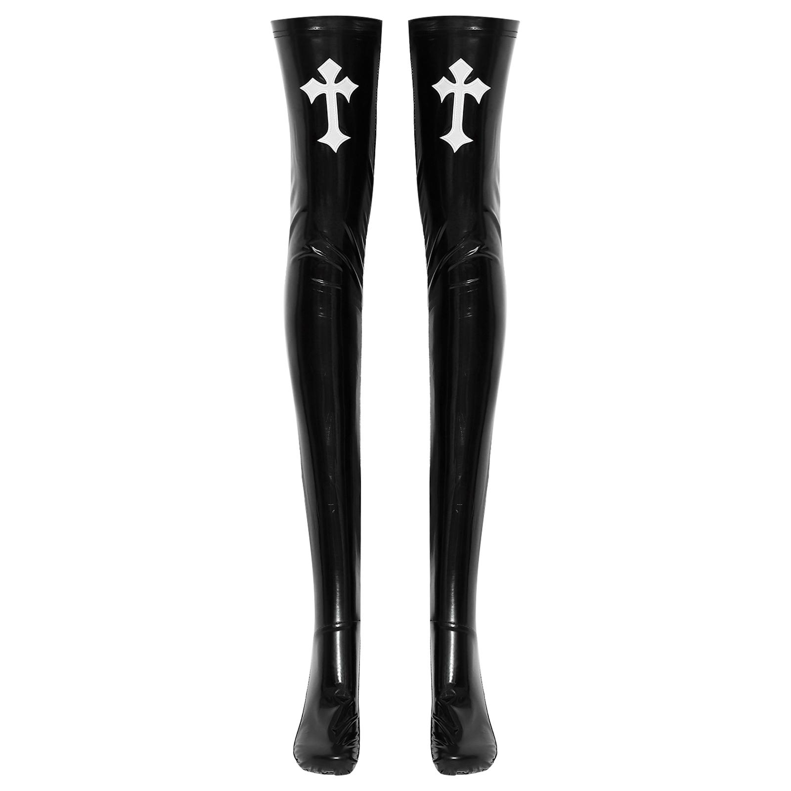 Damen Wetlook Lackleder Oberschenkelhohe Strümpfe Lange Socken One Size