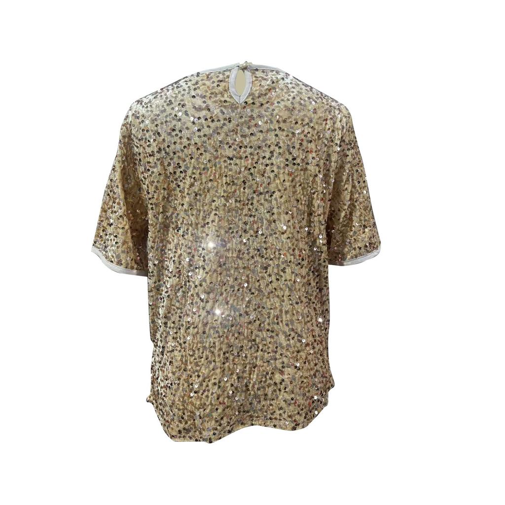 Fashionable Commuting Loose Short-sleeved Round Neck Tops For Women With Sequined T-shirts