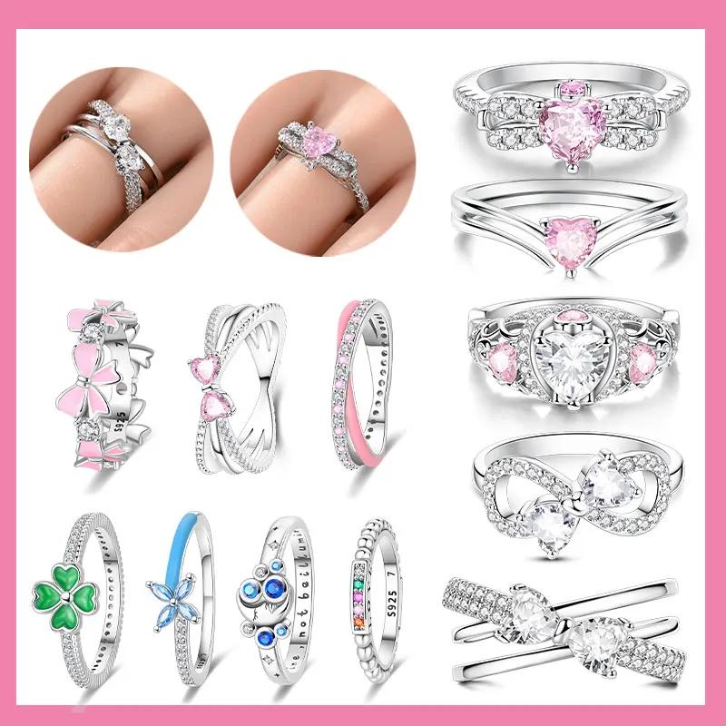copper Rings Pink Bow Heart Love Ring Star Shape Moon Ring for Women Girl Engagement Weddling Party Jewellery Anniversary