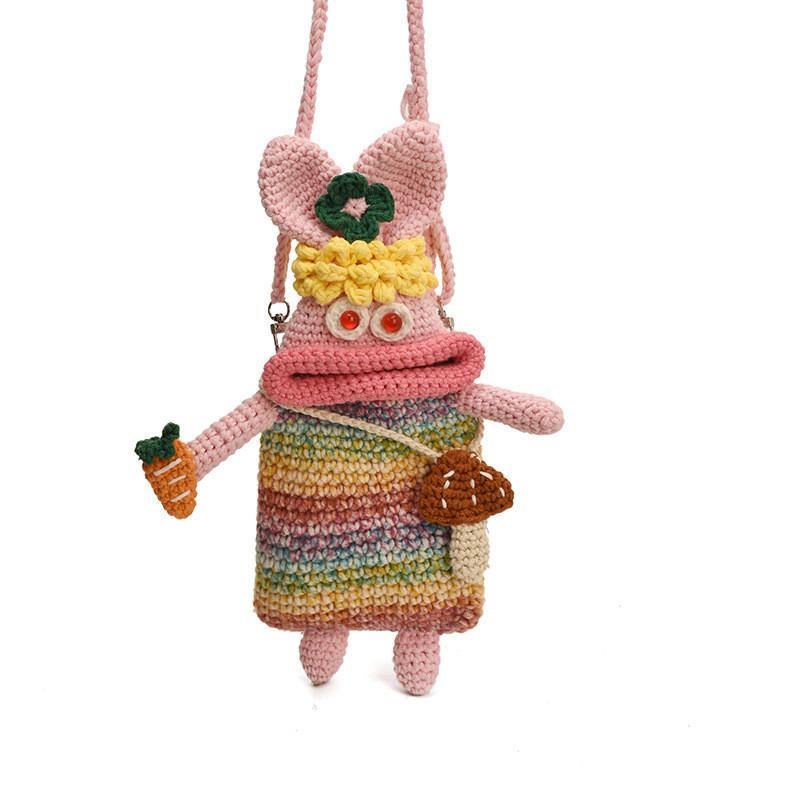 Ugly And Cute Rabbit Woven Crossbody Bag With Radish And Mushrooms For Daily Use