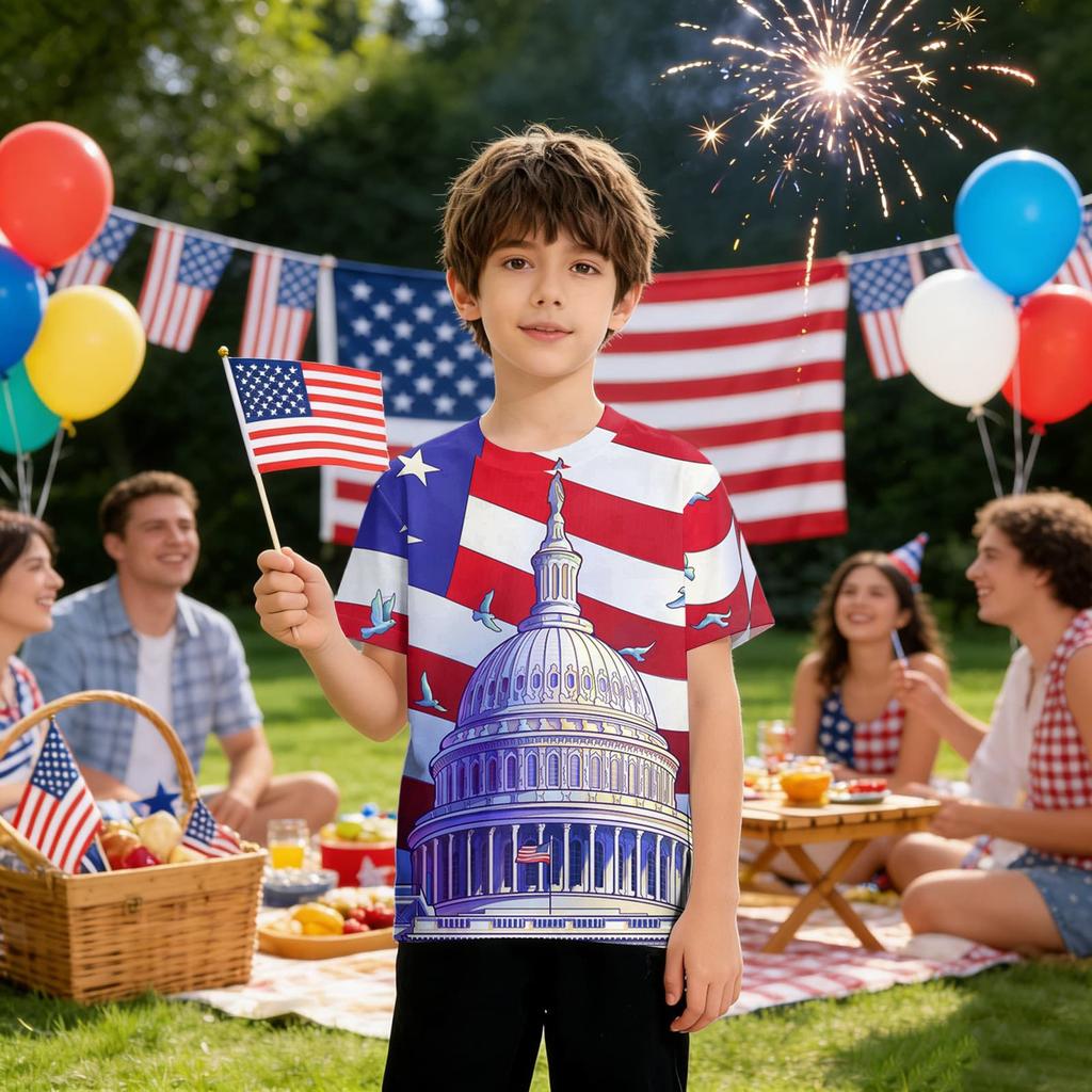 Kids Independence Day Print Round Neck Short Sleeve Casual T-shirt