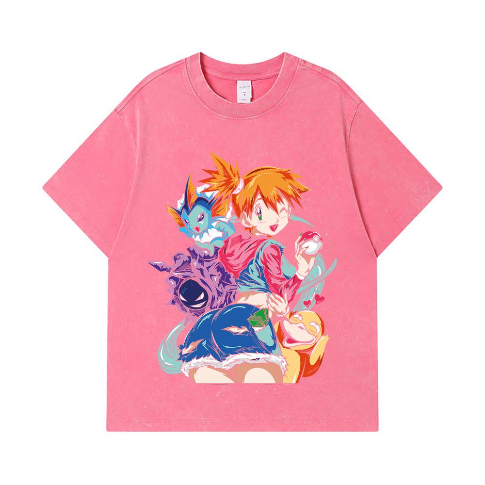 275 GSM Washed T-shirts 100% Cotton Pokemon V17 Misty Print Unisex Heavy Cotton T Shirt