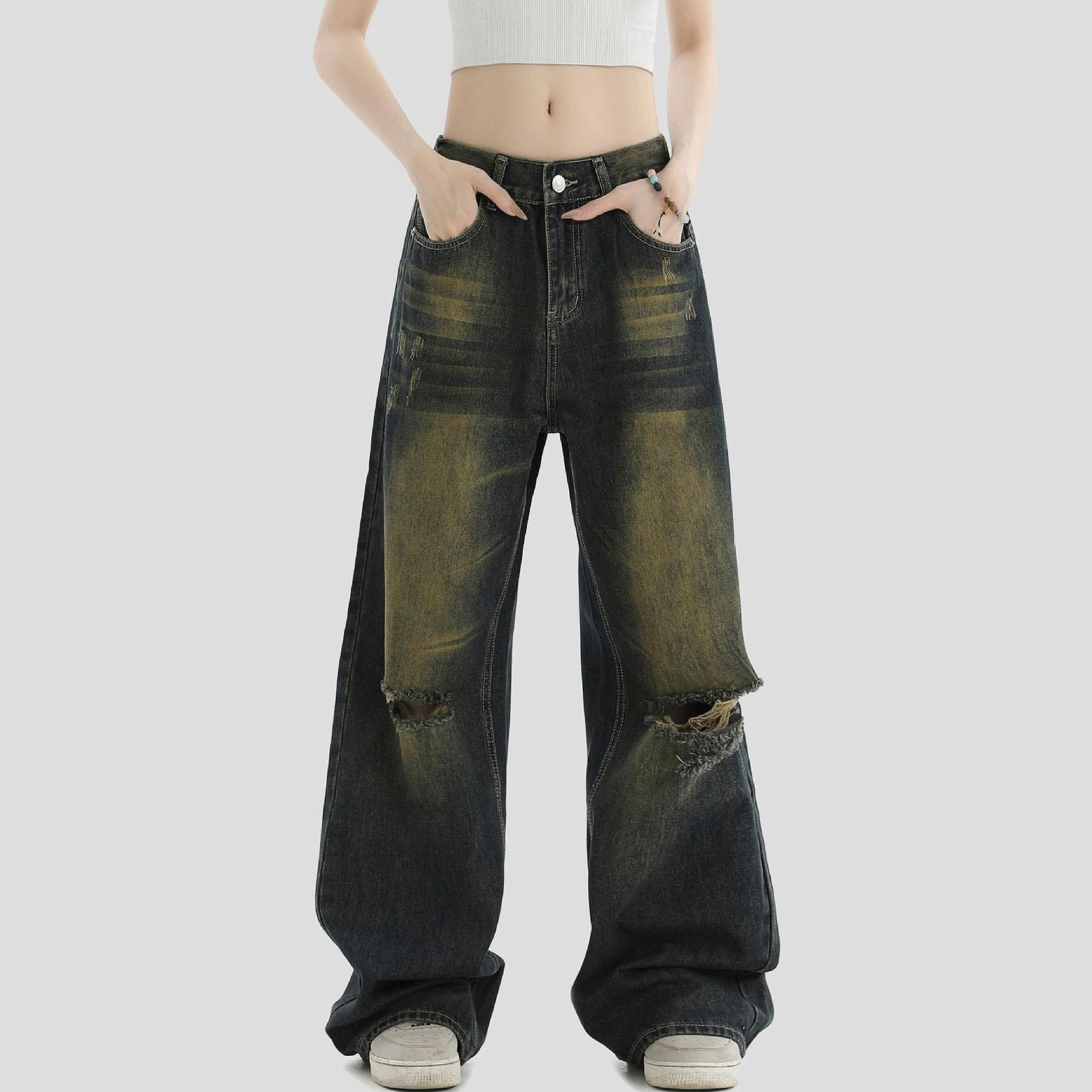 

Женская мода ретро личность потертый старый с высокой талией ретро свободные прямые джинсы XL тёмно-синий