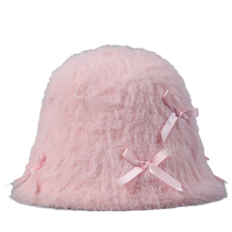 Sweet Bow Plush Bucket Hat Schoolgirl Cute Bucket Hat Winter Foldable Fashion Basin Hat