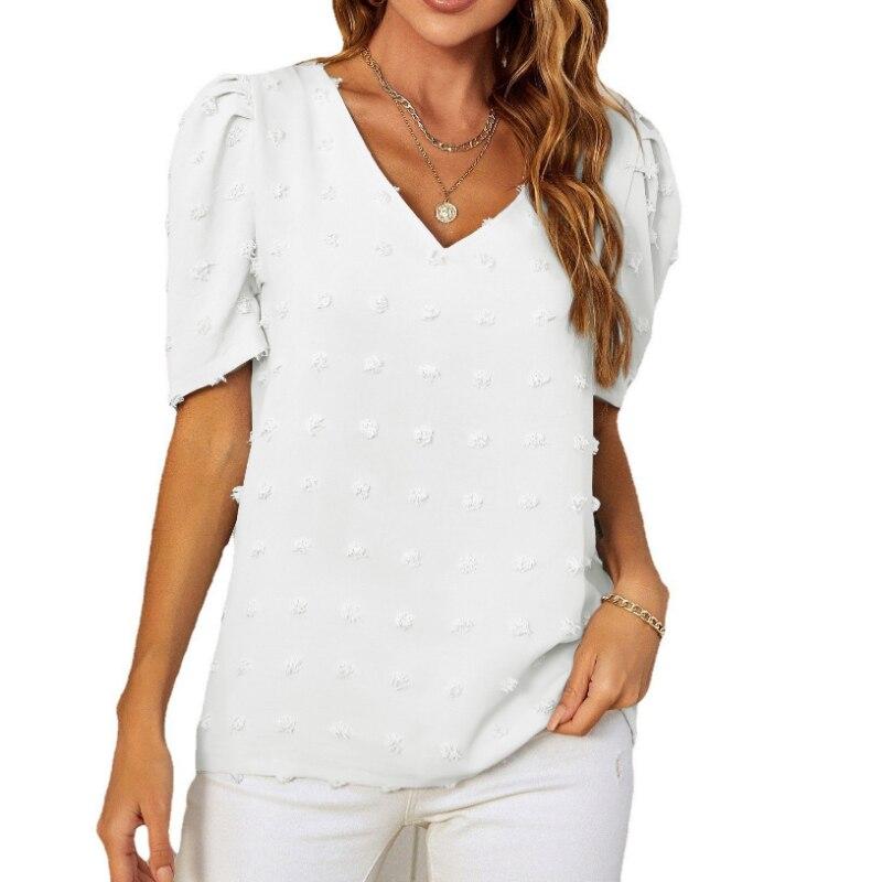 

Летняя свободная шифоновая рубашка женская пышная с коротким рукавом элегантная блузка для женщин мода 2023 повседневные однотонные женские топы в горошек с v-образным вырезом 24982 XXL белый