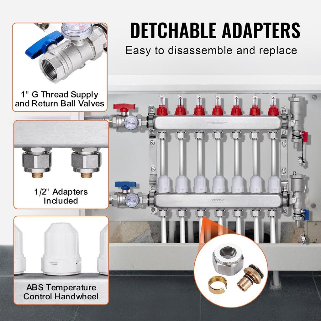 7-Branch Radiant Heat Manifold 1/2" PEX Tubing Floor Heating Manifold Set