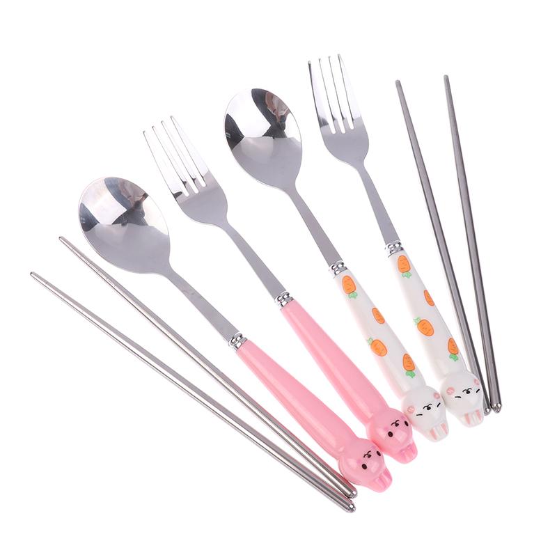 Sada nádobí s kresleným králíkem a lžící a vidličkou z nerezové oceli, hůlky, studentské přenosné nádobí, cestovní příbory s krabičkou
