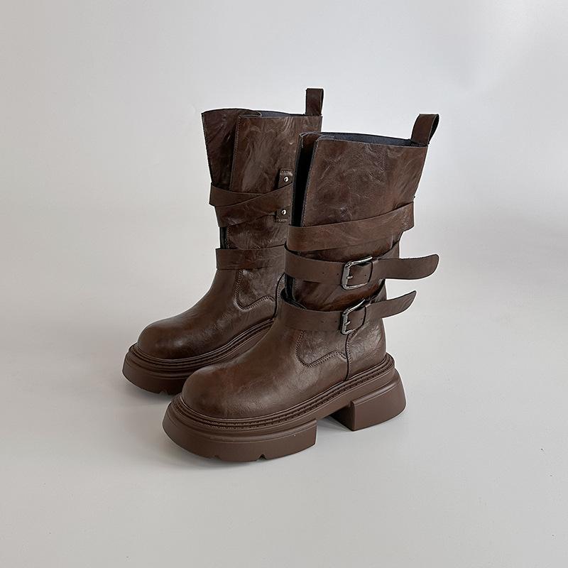 Retro versatile high-heeled leather boots texture thick-soled Martin boots women's autumn and winter British style small thick-heeled fashion boots