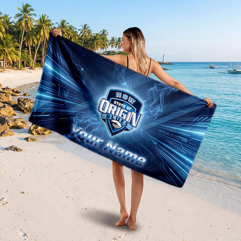 NSW Blues Customized Name Text Beach Towel, Soft Absorbent Towel Beach Pool Travel Personal Gift