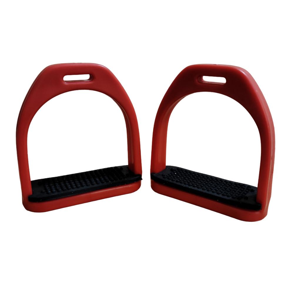 Red Plastic Polymer Composite Horse Stirrups Light Weight Black Rubber Mat