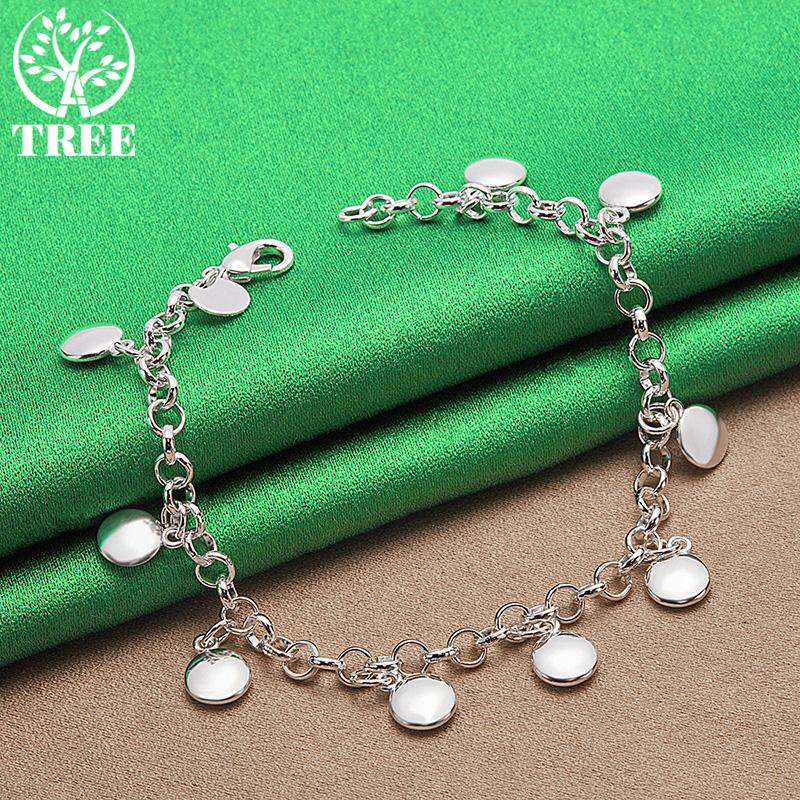 925 Sterling Silver Smooth Solid Round Pendant Bracelet For Women Elegant Fine Jewelry Accessories Engagement Wedding Party Gift