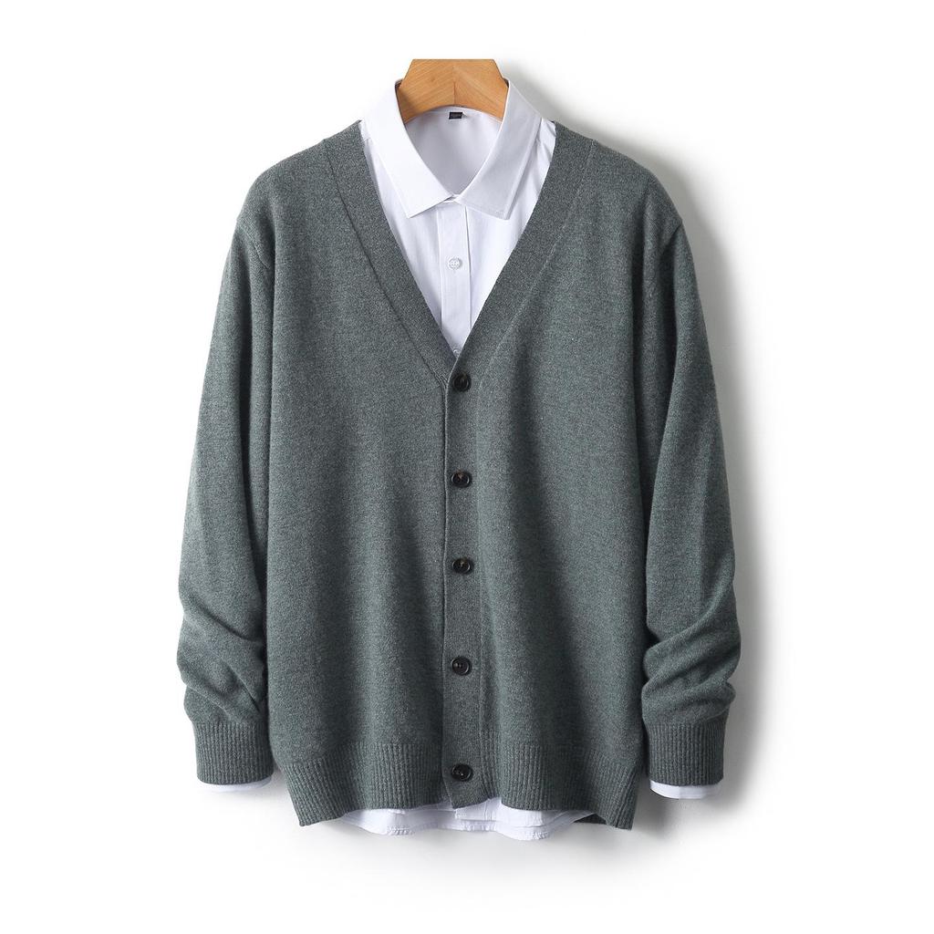 Men's V-neck Wool Cardigan: Autumn/Winter Business Casual Solid Color Long Sleeve, Warm Loose Knit Outerwear.