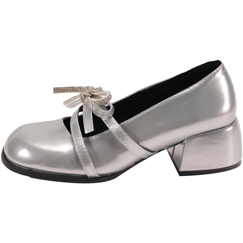 Block Heel Mary Jane Single Shoes Women's Round Toe Shallow Slip Rhinestone Bow Slip Anti-Slip Wear-Resistant High Heels