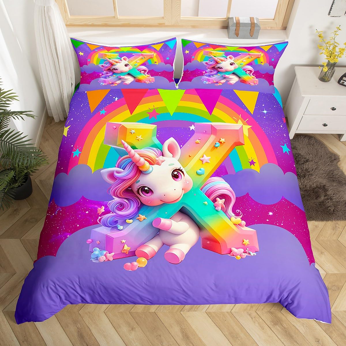 

Пододеяльник размера «Квин» с начальной буквой K, кавайный радужный единорог, комплект постельного белья для мальчиков и девочек, монограммированный чехол для одеяла, алфавитный комплект для кровати EU Single(135x200cm)