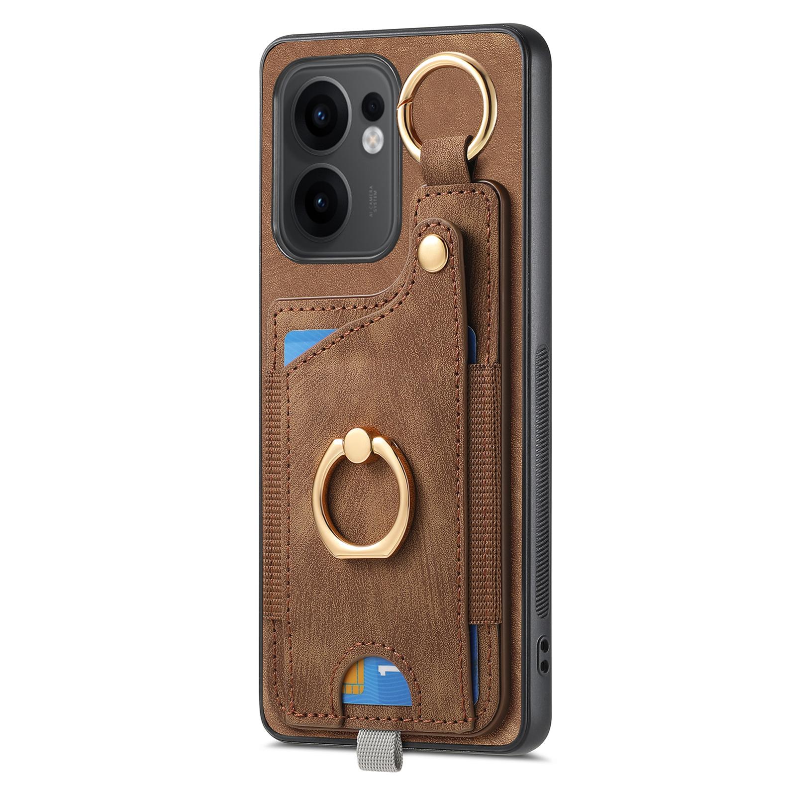 

For Oppo Reno13 F 5G Retro Leather Phone Back Cover with Card Slots and Ring Holder Brown