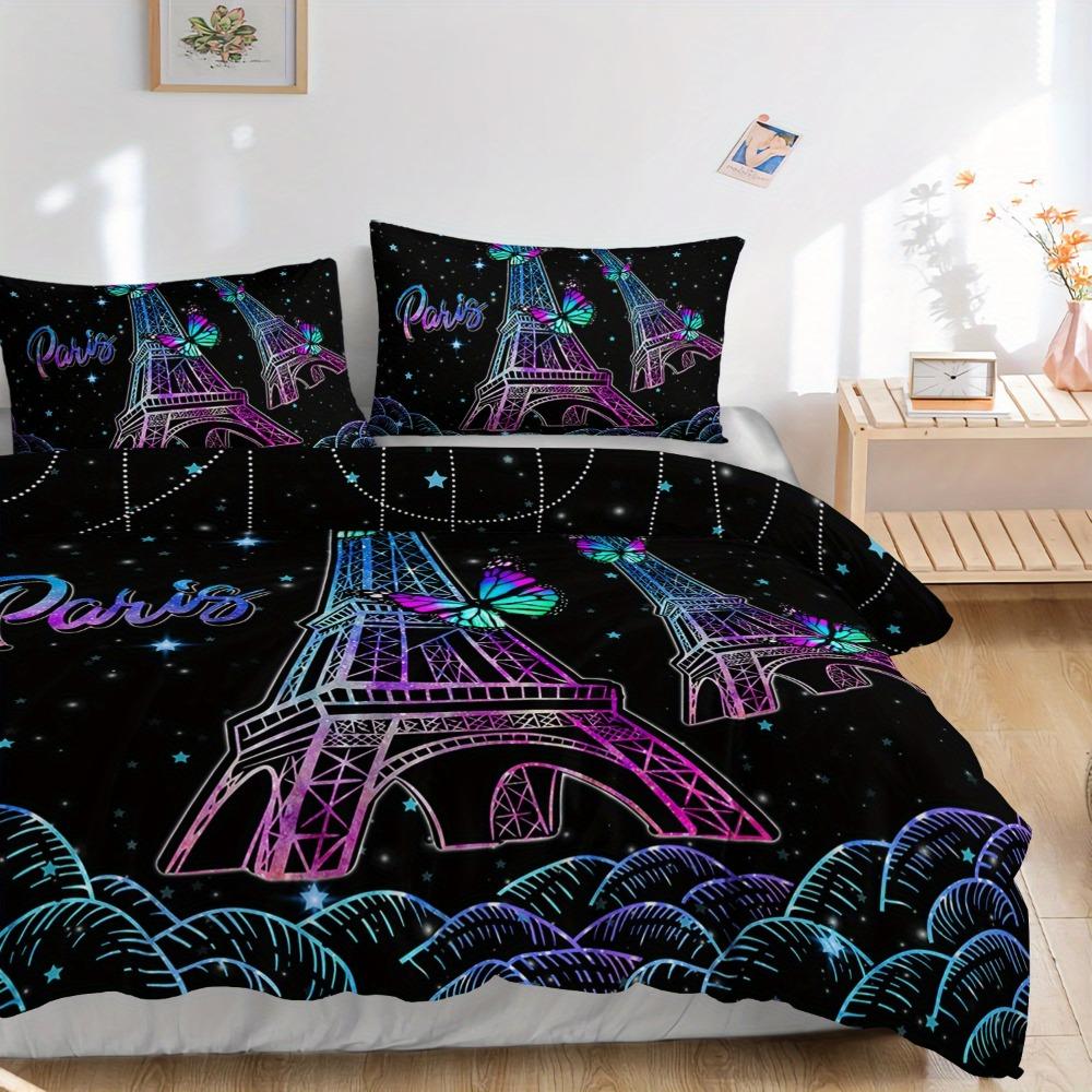 3pcs Black Bedding Set Paris Eiffel Tower 3D Printed Cozy Duvet Cover King Queen Twin Size Birthday Gift for Adult Bedroom Decor