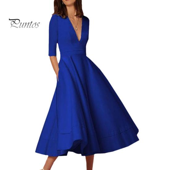 

Женское платье миди с глубоким V-образным вырезом, А-силуэтом, струящимся подолом, однотонным цветным платьем с короткими рукавами, однотонным платьем для свиданий, выпускного вечера, банкета, вечернего платья L синий