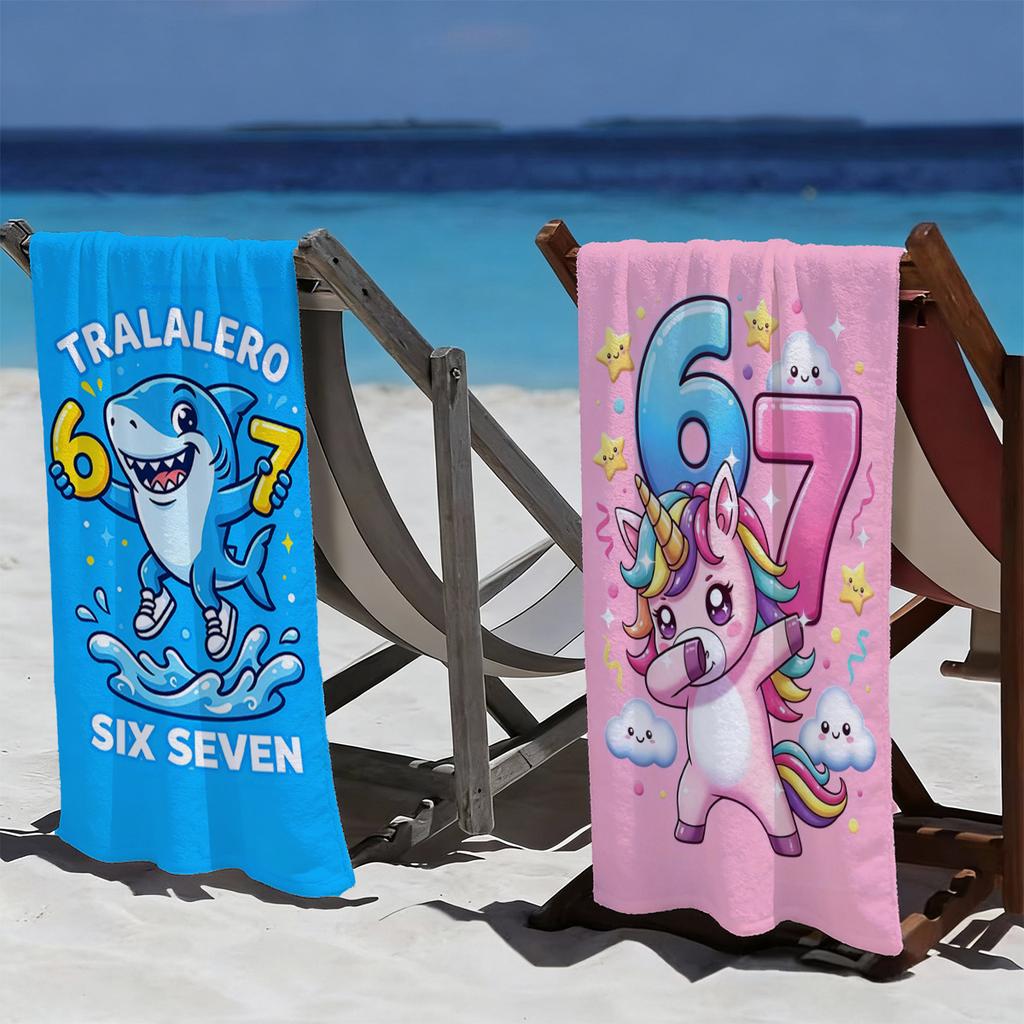 1pc Shark Unicorn Number 67 Beach Towel, Machine Washable, Ideal for Beach Vacation, Perfect Summer Holiday Best Gift