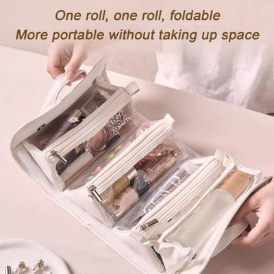 Large Capacity Foldable Cosmetic Bag Waterproof PU Leather Portable Toiletry Bag Roll Up Design Detachable Makeup Organizer