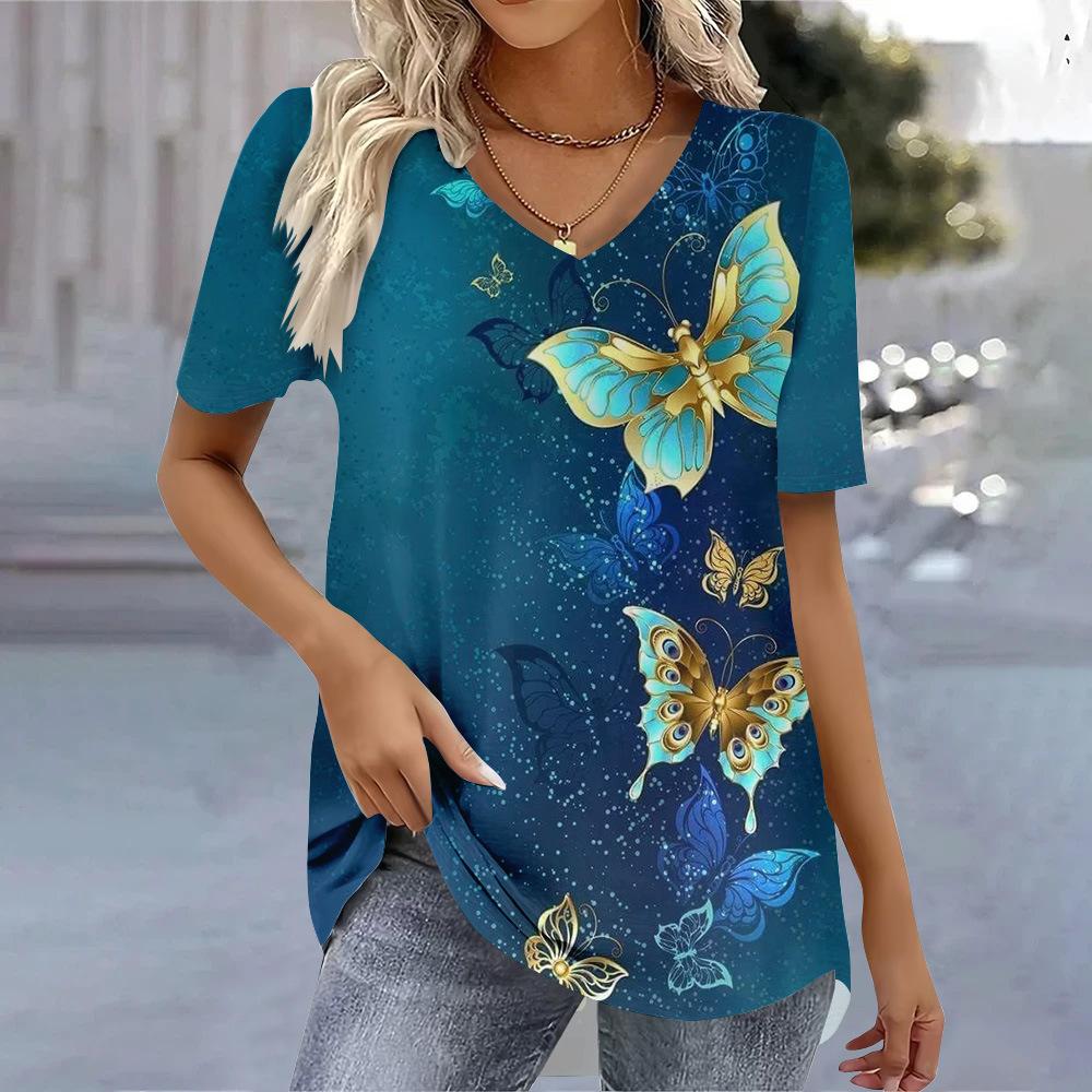 Nouveau T-shirt d'été pour femmes, décontracté, de haute qualité, 3D, à manches courtes et col en V