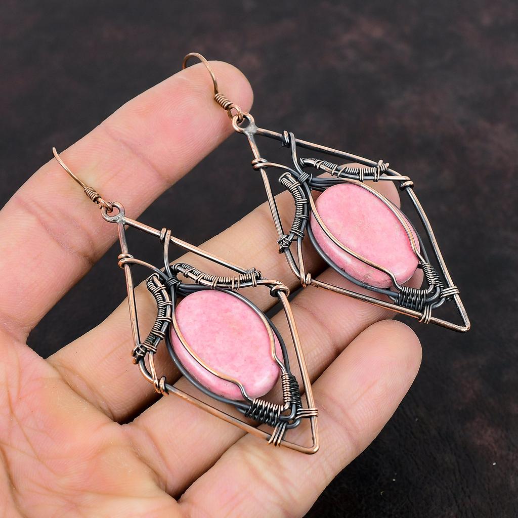 Brincos Thulite Brincos Enrolados em Fio de Cobre Brincos Elegantes Joias de Cobre Incríveis Brincos de Pedras Preciosas Genuínas Joias Feitas à Mão Presentes de Casamento