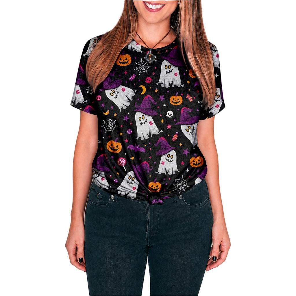 Halloween All Over Print T Shirt, Cute Pumpkin Graphic Tee for Women Men