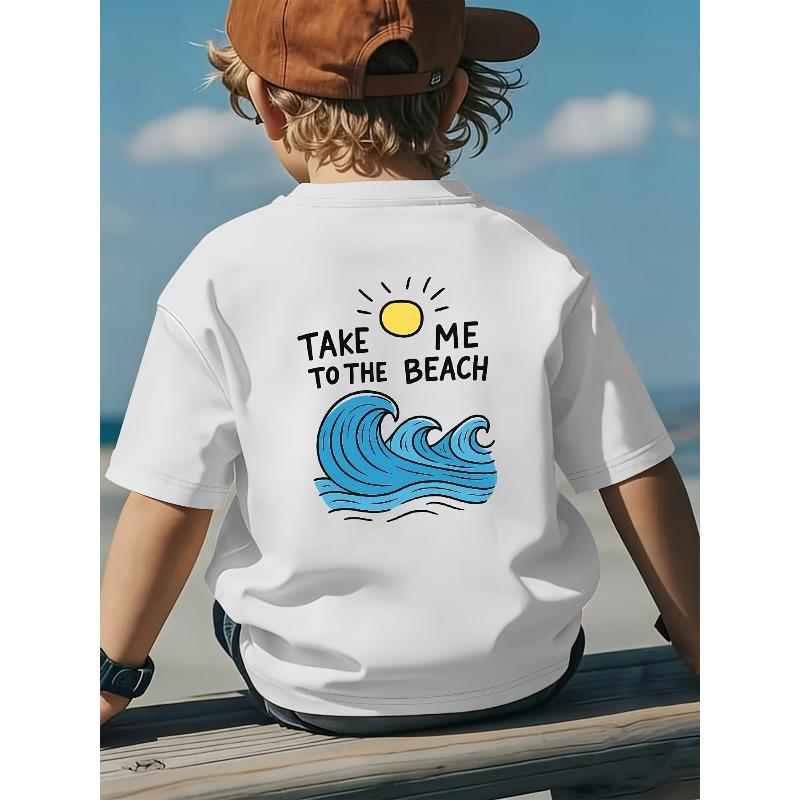 European sizes Boys' Front and Back Print Pure Cotton T-Shirt, "Take Me to the Beach Wave" Print, Comfortable Spring/Summer Daily Crew Neck Casual Top