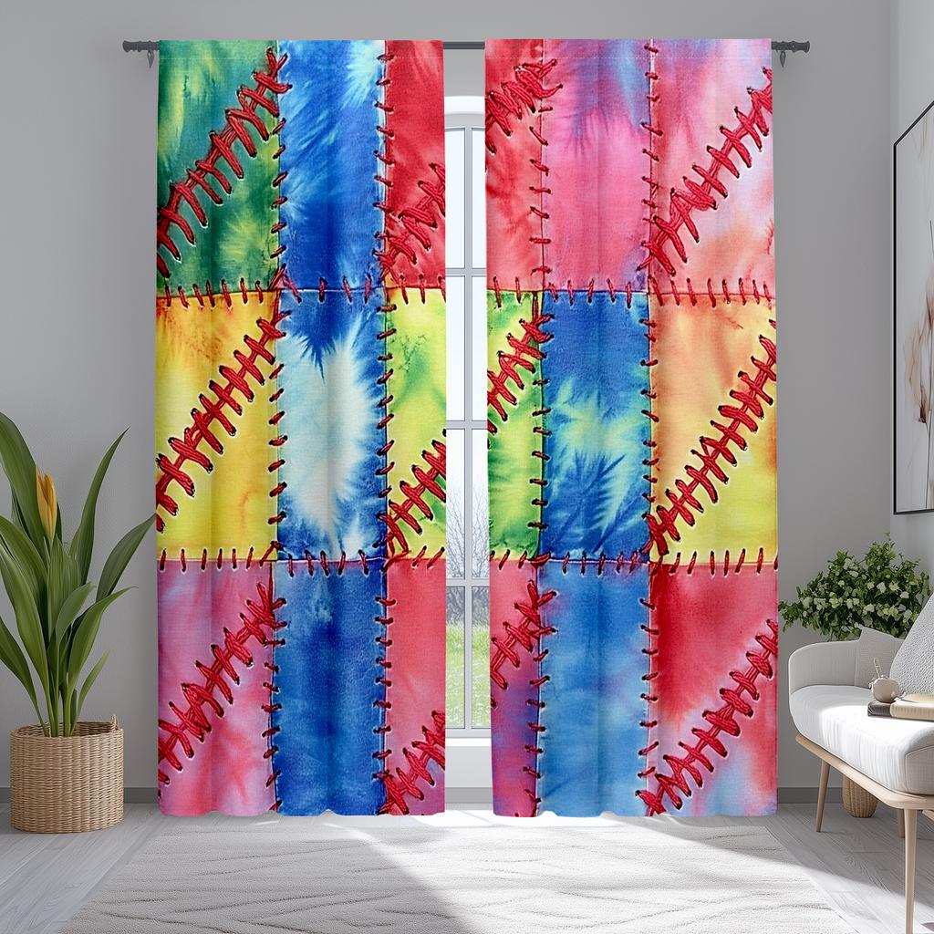 2pcs Classic Baseball & Softball Tie-Dye Polyester Curtains for Bedroom, Vibrant Sports Themed Drapes for Teens and Men