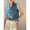 Women Blue Denim Lapel Sleeveless Button Down Vest