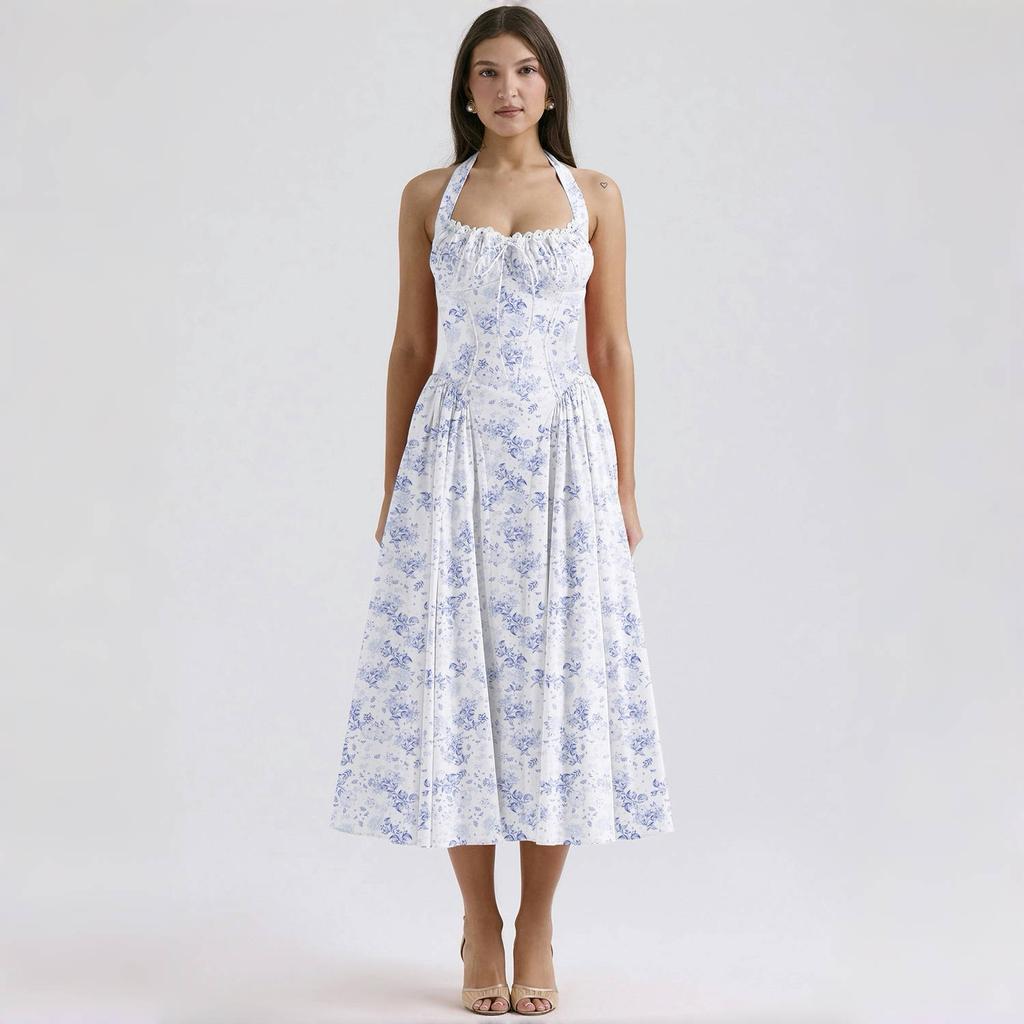 LYRIA Elegant A Line Midi Dress New Arrivals Halter Sexy Holiday Party Dresses Summer Women's Clothing Wholesale