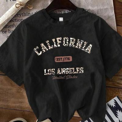 CALIFORNIA LOS ANGELES Leopard Letter Pattern Summer Short Sleeve T-shirt Fashion Daily Casual Women Wear