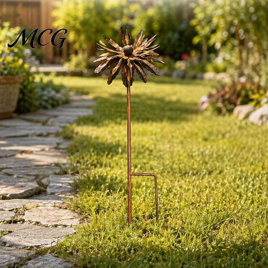 3D Popcorn Flower Decor Vintage Rusty Cornflower Ground Stake, 24 Inch Metal Artistic Wire Art Stake Decor, Rustic Garden Sculptures for Lawns