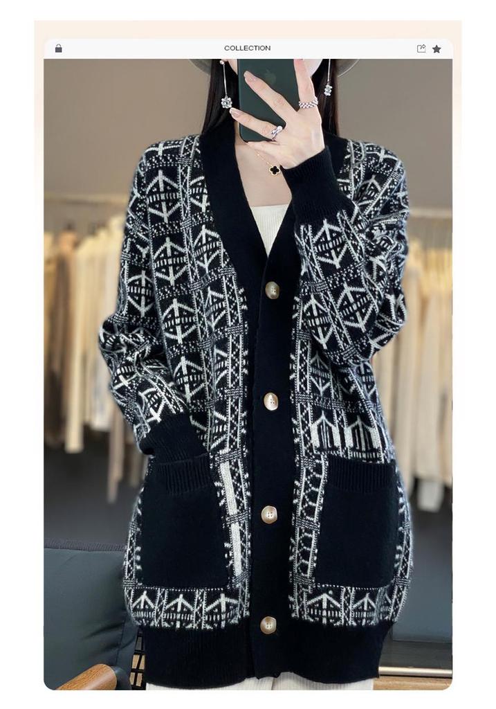 Women's Color Block Wool Cardigan Coat with Pockets
