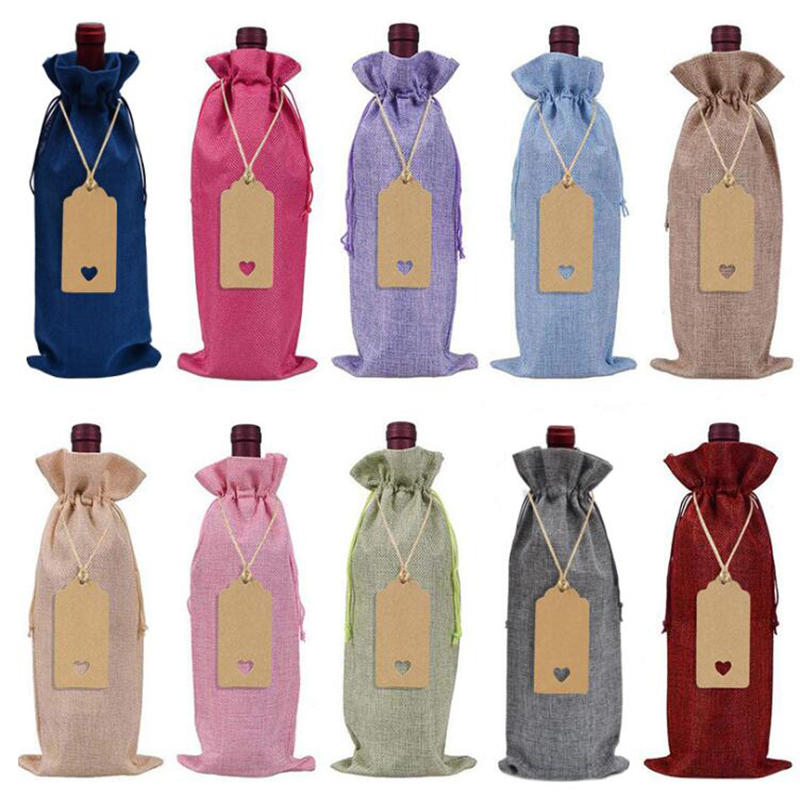 10 Pieces Burlap Wine Bags Jute Wine Bottle Bags with Drawstrings Reusable Gift Bags with Tags for Party Blind Tasting Birthday