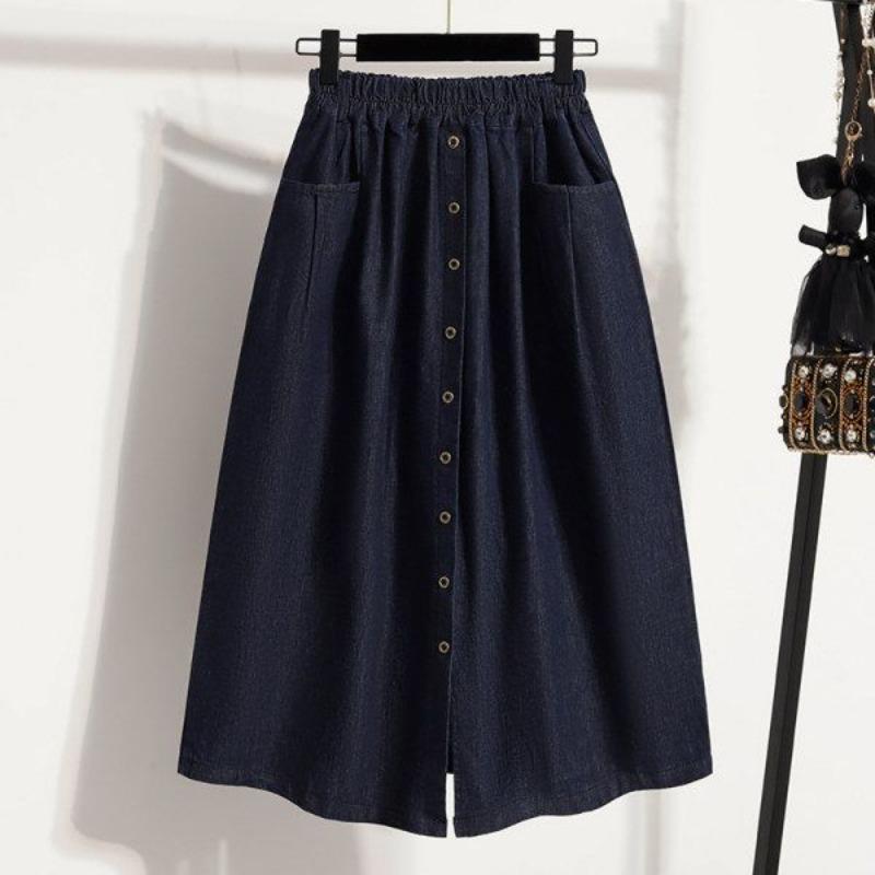 Summer 2025 New Plus Size Elastic Waist Slimming Women's Skirt Split A-line Retro Denim Skirt Mid Length