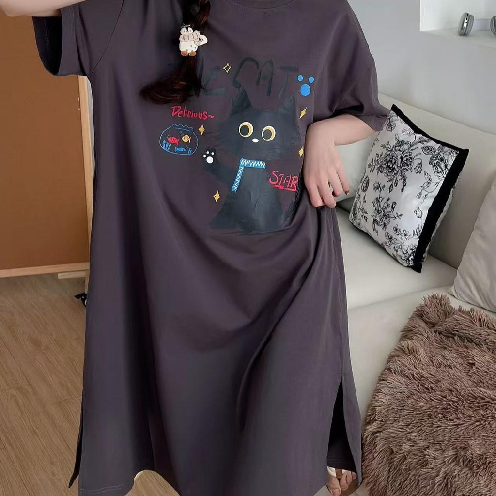 Internet Celebrity Style Pajamas Pajamas Women's New Summer Korean Version Puppy Round Neck Short Sleeve Medium and Long Loose and Comfortable Dress