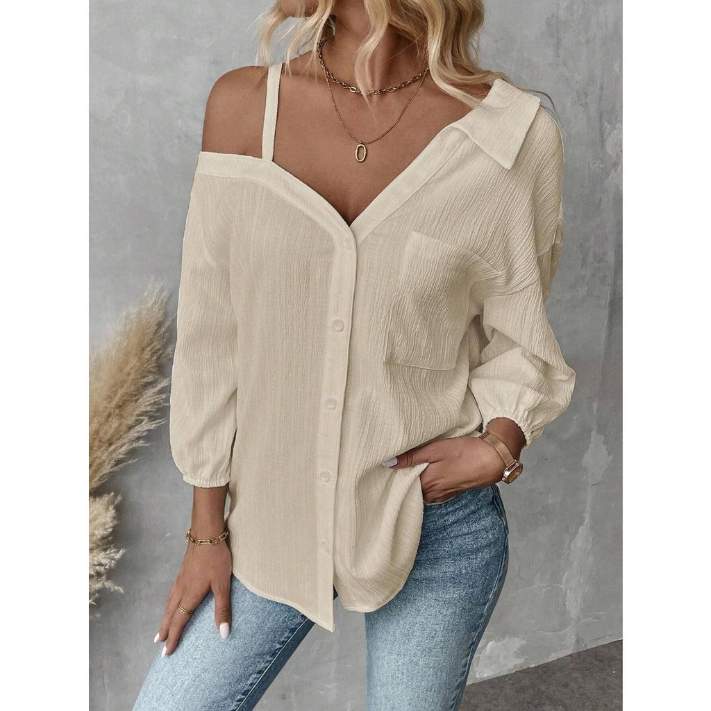 Spring Summer Lapel 3/4 Sleeve Off Shoulder Textured Single-breasted Casual Shirt Cardigan for European American Crossbody