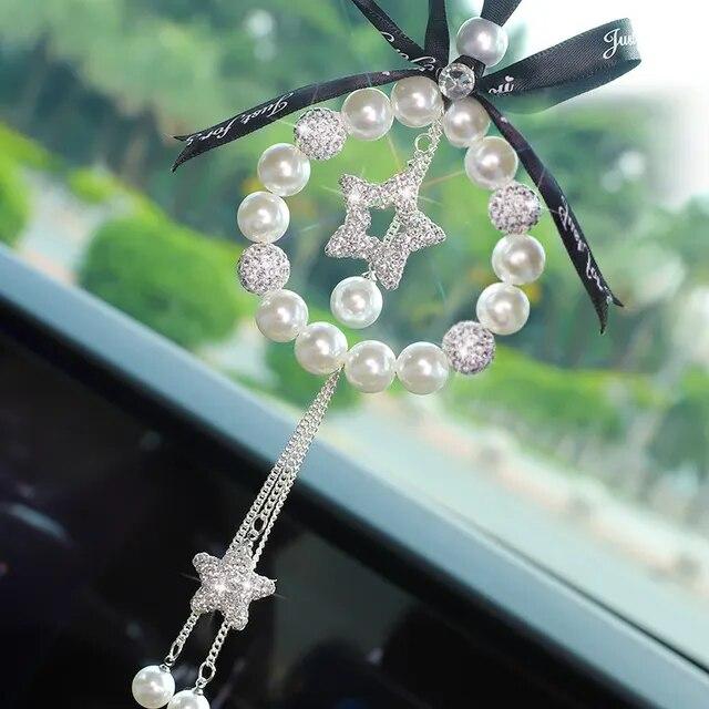 Diamond Pearl Car Pendant Cute Cartoon Heart Star Tassels Rearview Mirror Ornaments Rhinestone Woman Car Decro Accessories