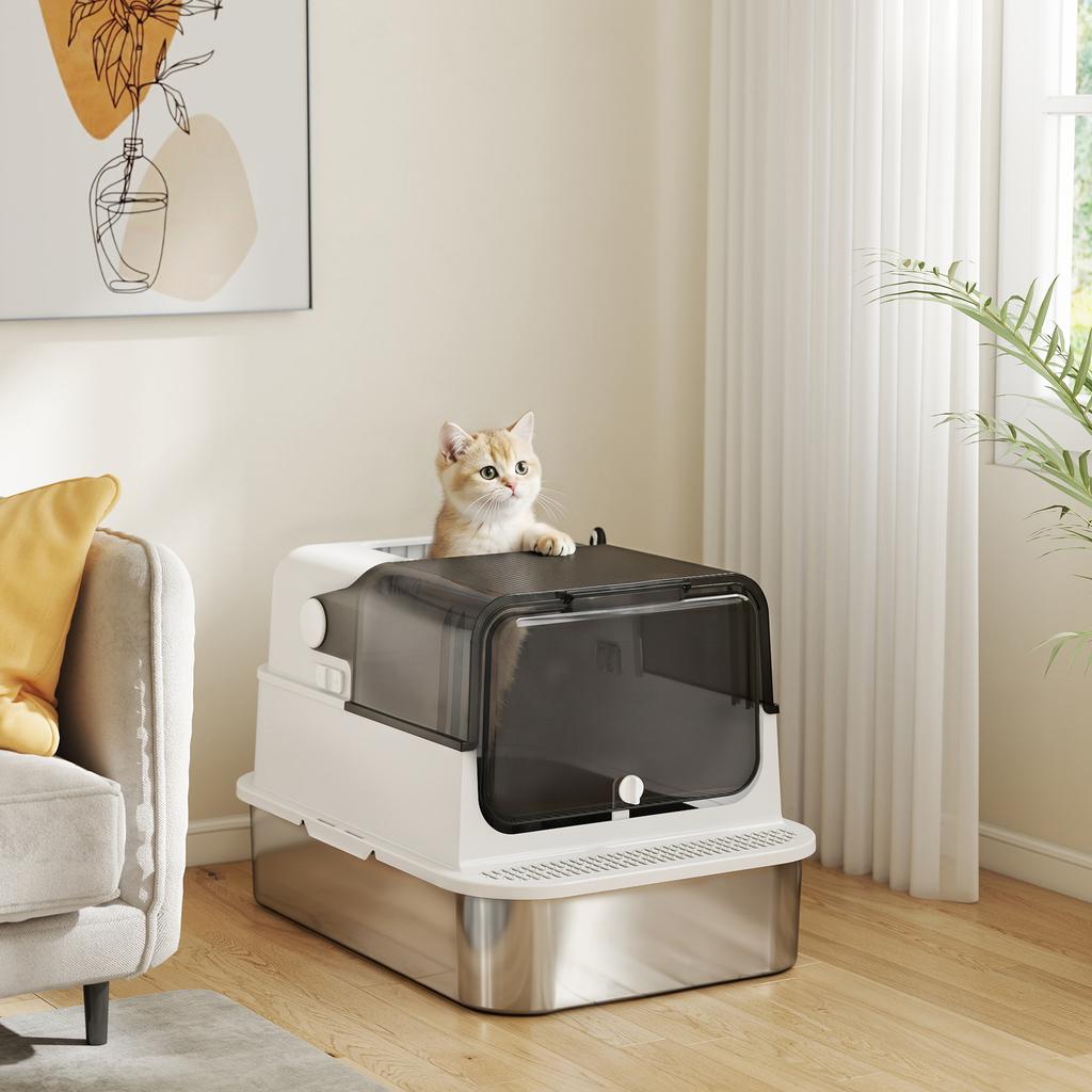 Stainless Steel Cat Litter Box with Lid XXL 72L for Large Cats and Multiple Cats with Double Doors, Scoop, Pedal, Anti-Leak