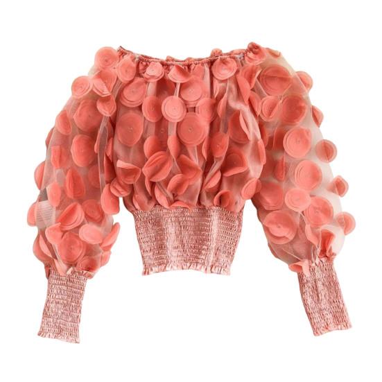 

Women Tops Off Shoulder Puff Long Sleeve Elastic Waist Short Tops Perspective Mesh Yarn Casual Tops Party Daily розовый