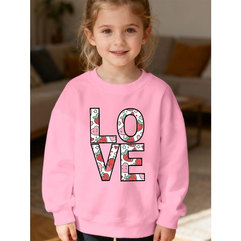 Kids Unisex Crewneck Sweatshirt, Strawberry Heart LOVE Letter Print Long Sleeve Pullover, Soft Fleece Kids Sweatshirt For Boys Girls Over 4 Years Old